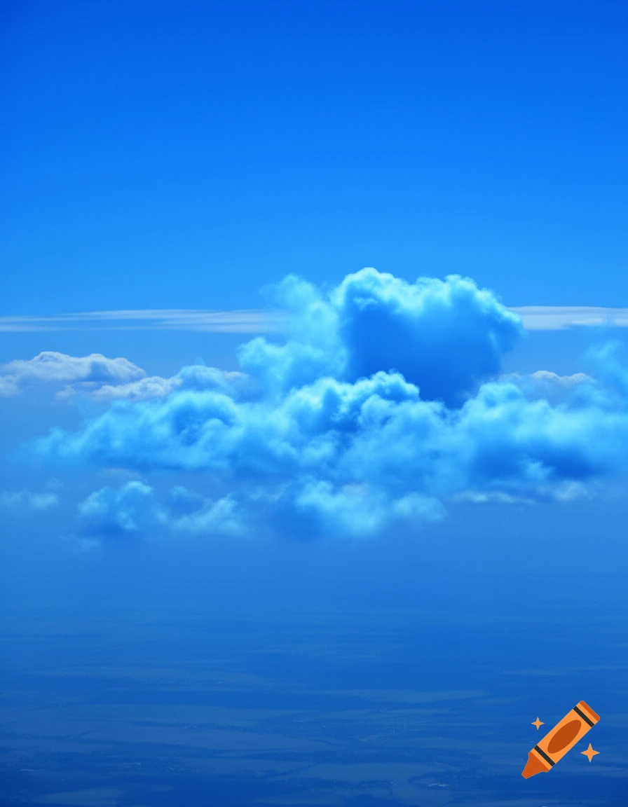 A vibrant blue sky with fluffy blue clouds, seen from an aerial perspective over a hazy blue landscape.