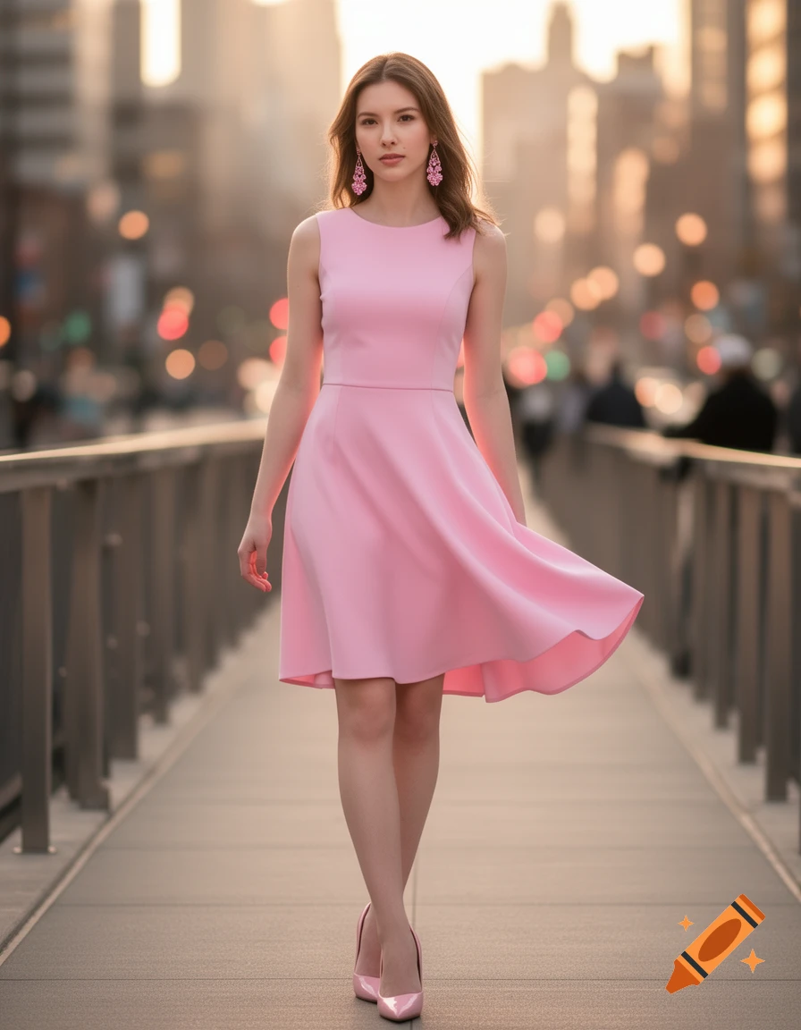 A woman in a pink dress and pink high heels walks on a pedestrian bridge with a blurred city background at sunset.