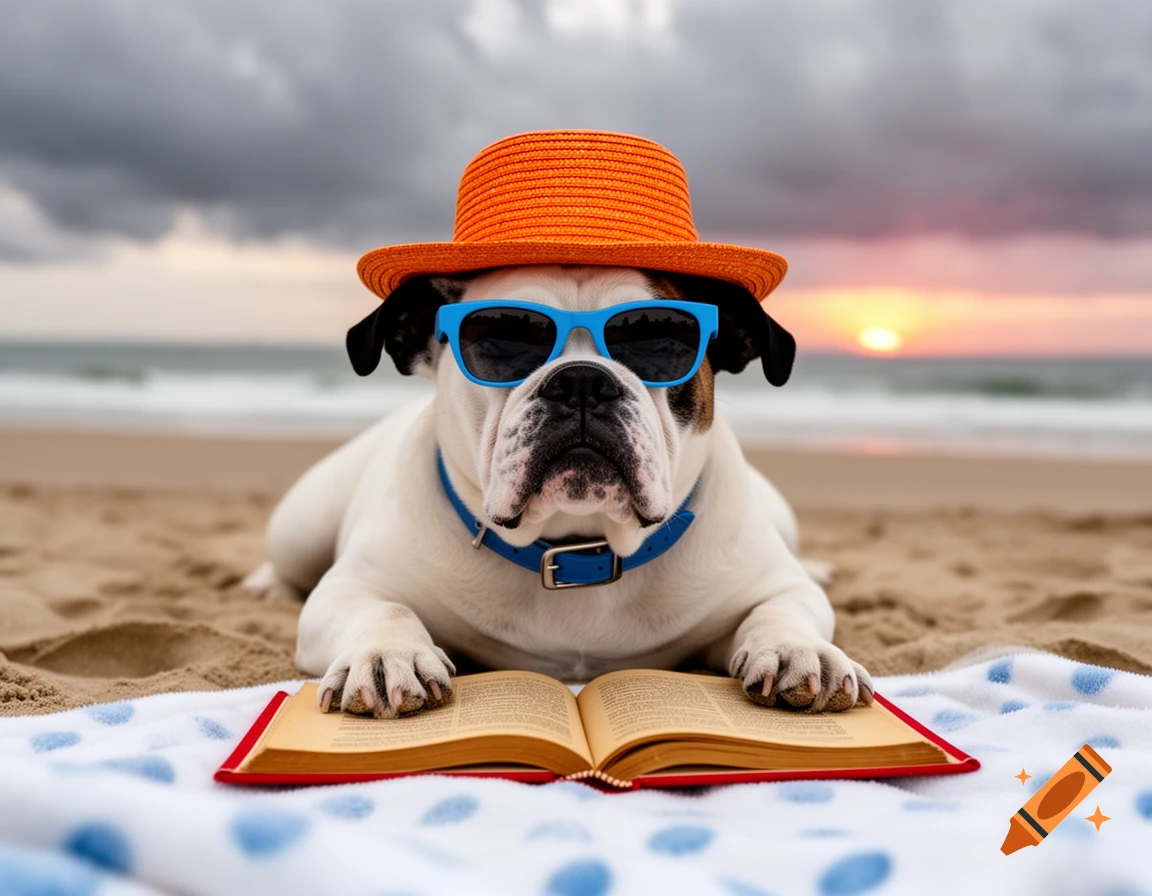 A bulldog in an orange hat and blue sunglasses lies on a beach, "reading" an open book on a polka dot blanket at sunset.