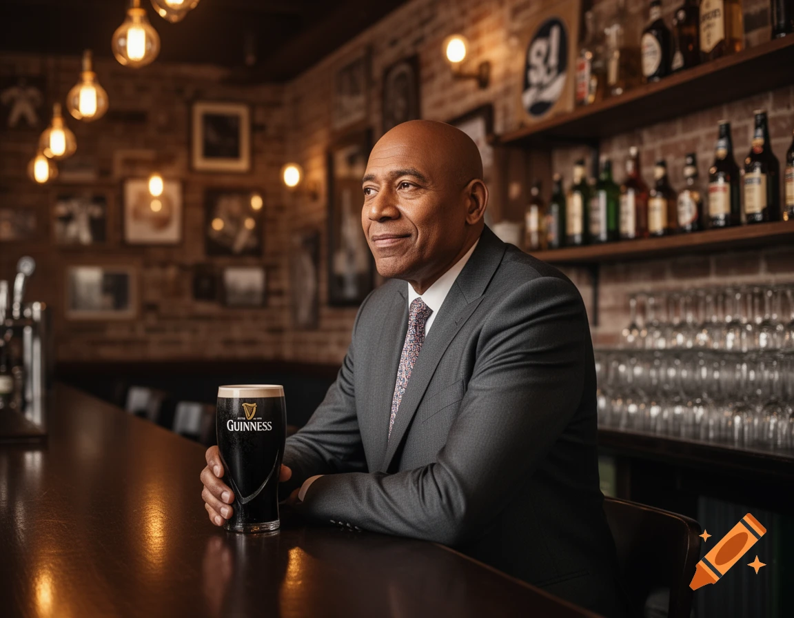 A man in a suit sits at a dimly lit bar, holding a pint of Guinness and smiling while looking to the side.