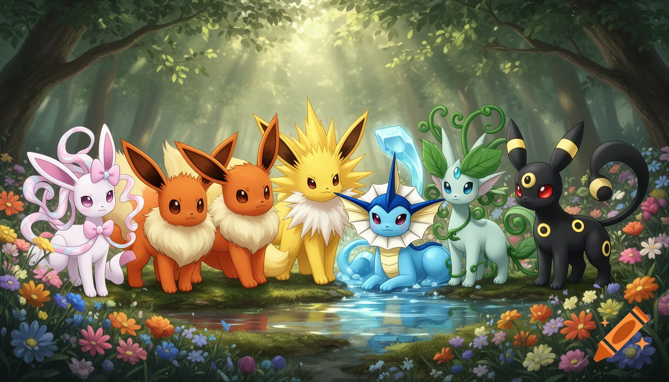 Seven colorful Eeveelution Pokémon characters standing by a stream in a lush, sunlit fantasy forest with wildflowers.