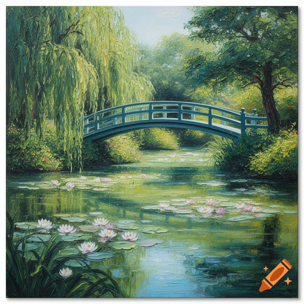 A blue-green Japanese bridge arches over a water lily pond with white and pink blooms, surrounded by lush willow trees and green foliage, in a textured oil painting style.