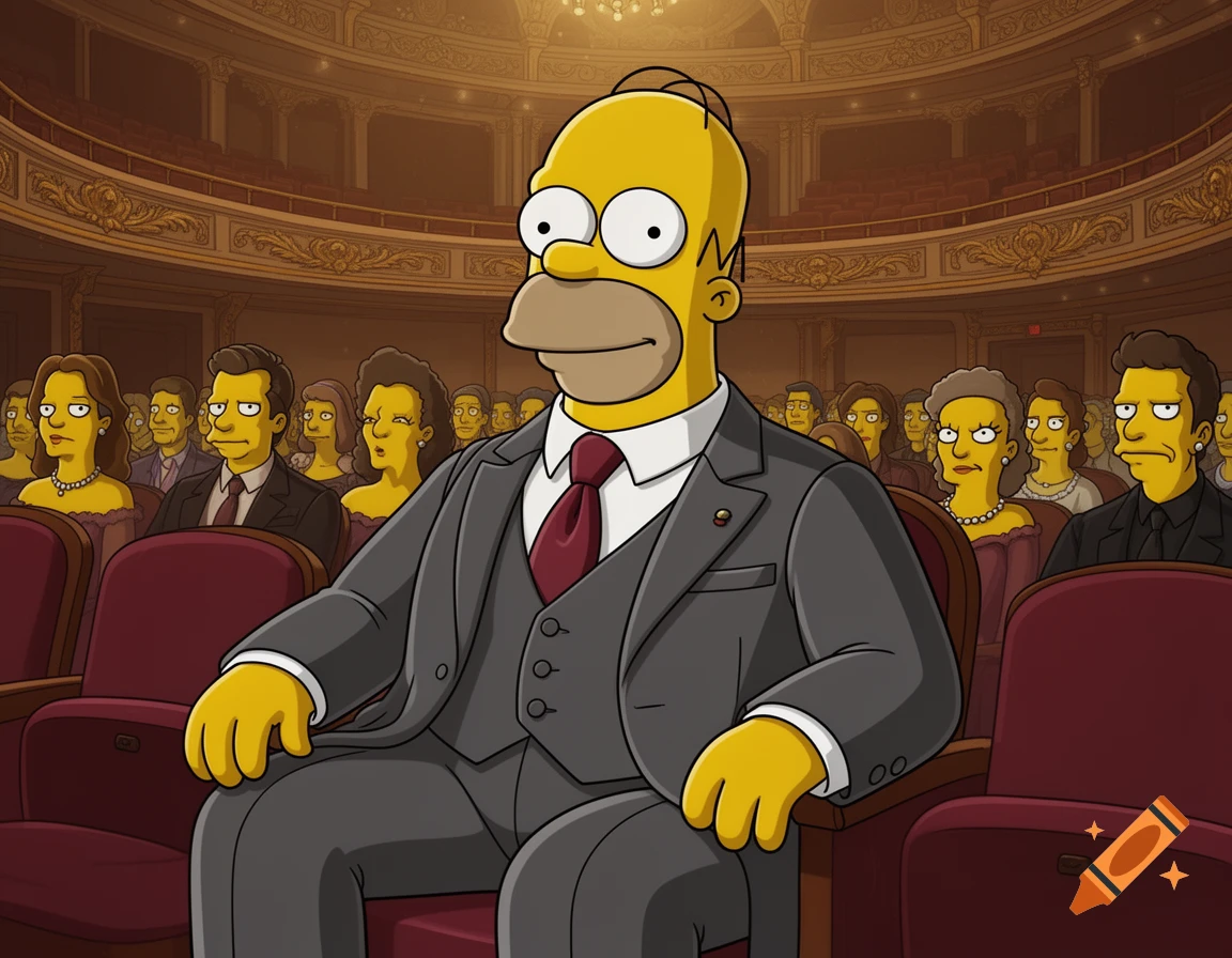 Homer Simpson in a suit and tie sits in a red velvet seat in a concert hall audience, surrounded by other cartoon spectators.