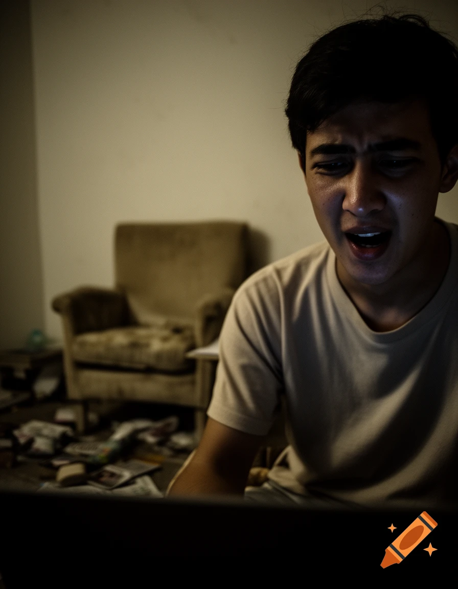 A young man with a distressed expression looks down at a dark screen in a dimly lit, cluttered room, photorealistic.
