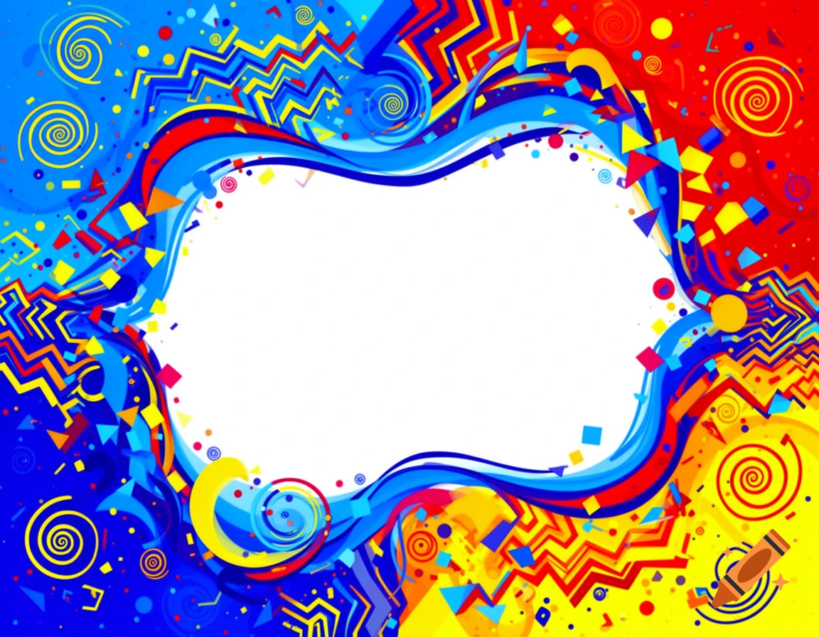Colorful abstract frame with a white blank center, featuring waves, zigzags, and spirals in red, blue, and yellow.