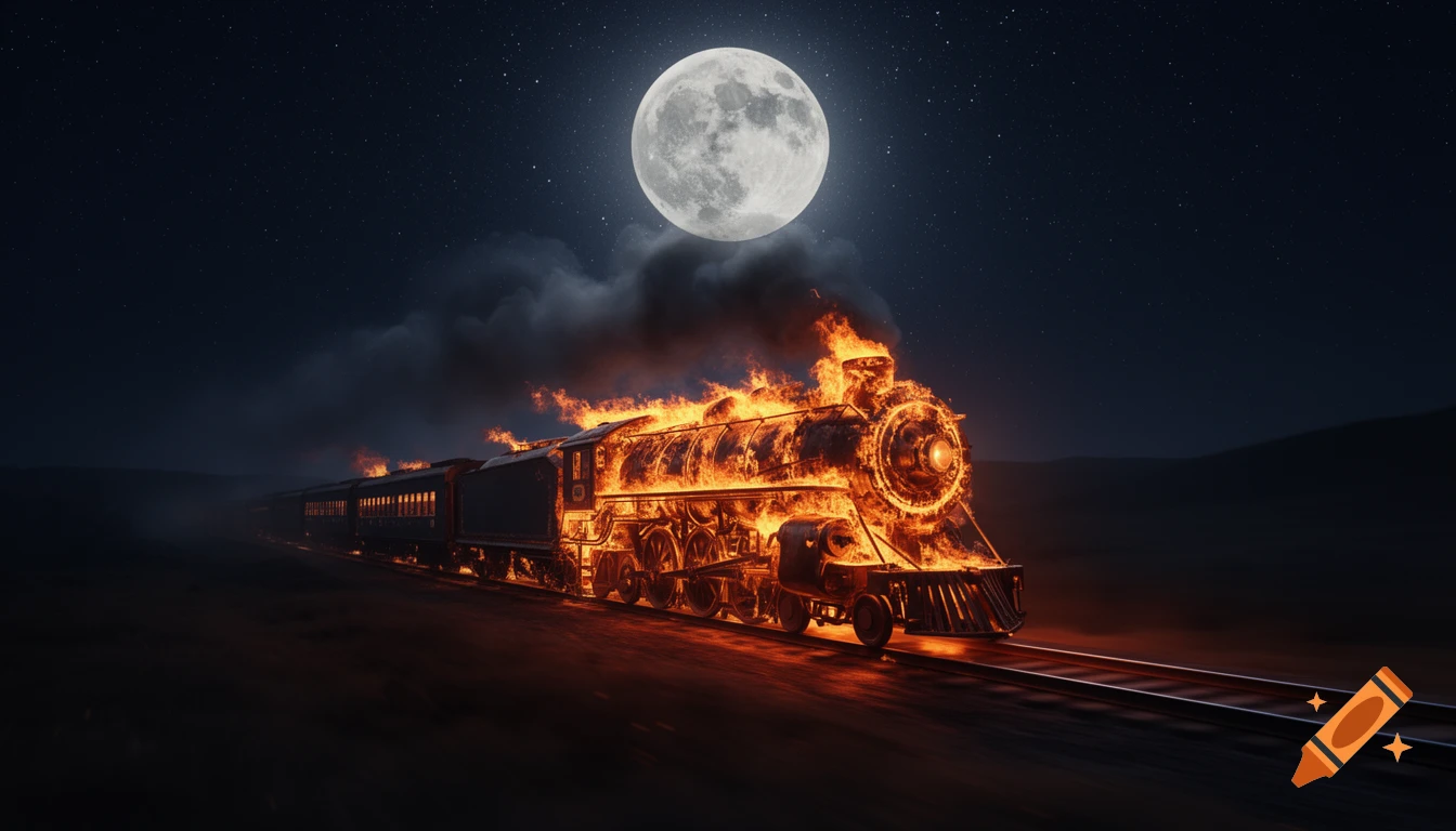 A flaming locomotive speeds across tracks at night under a bright full moon, with smoke billowing.