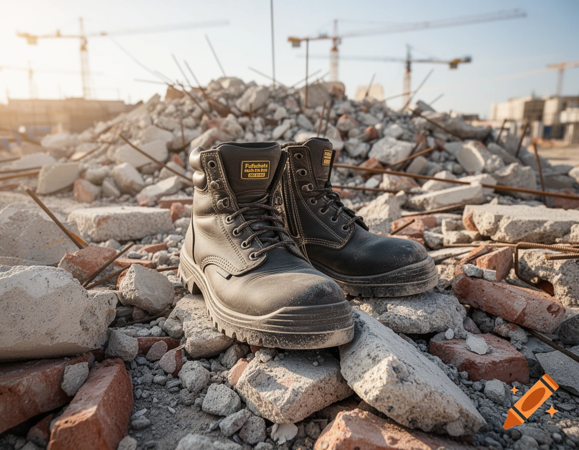 A pair of black safety boots rest on a pile of concrete rubble and rebar at a construction site with cranes in the background.