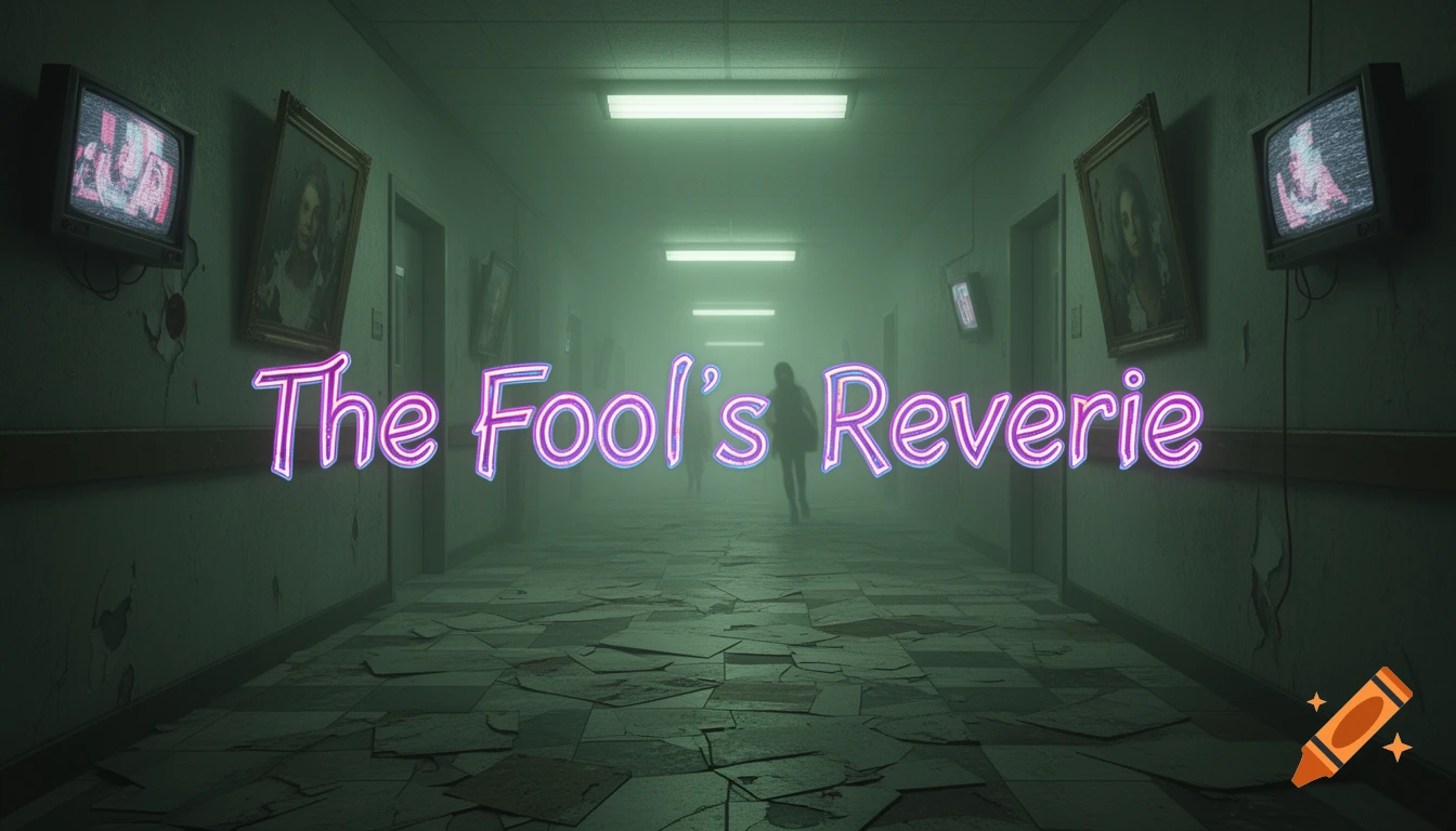 A dark, eerie, foggy hallway with neon text "The Fool's Reverie", broken floor tiles, flickering static TVs, and two shadowy figures in the distance.