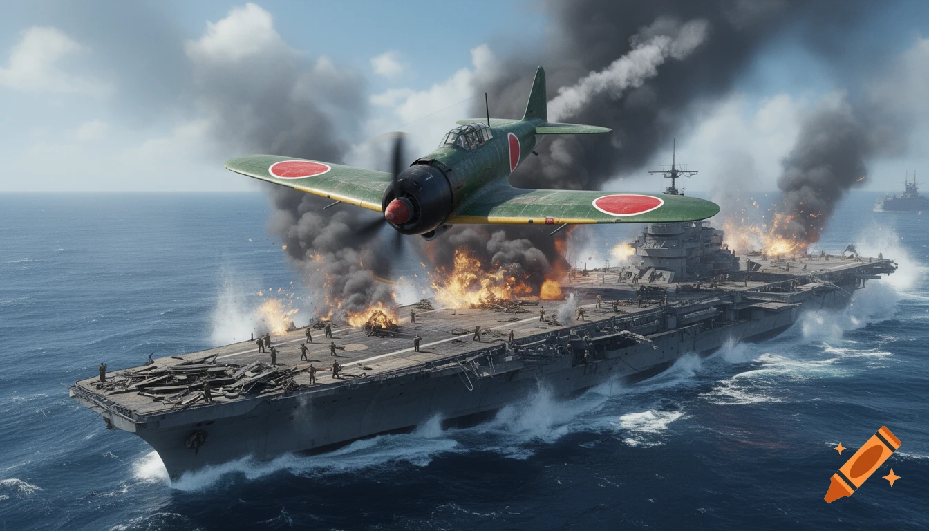 A Japanese Mitsubishi Zero plane flying low over a burning aircraft carrier, with smoke billowing from the deck at sea.