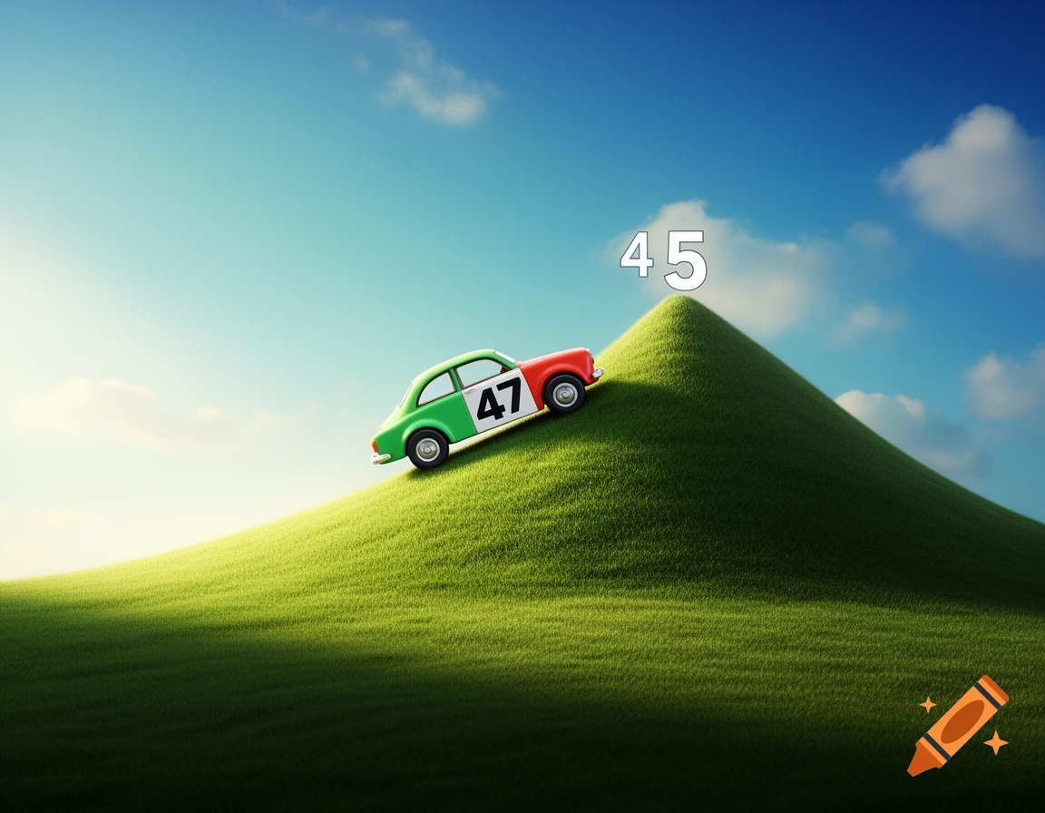 A stylized illustration of a small car, colored green, white, and red like the Italian flag, with the number 47 on its side, driving up a lush green hill. The number 45 floats above the hill's peak under a blue sky.