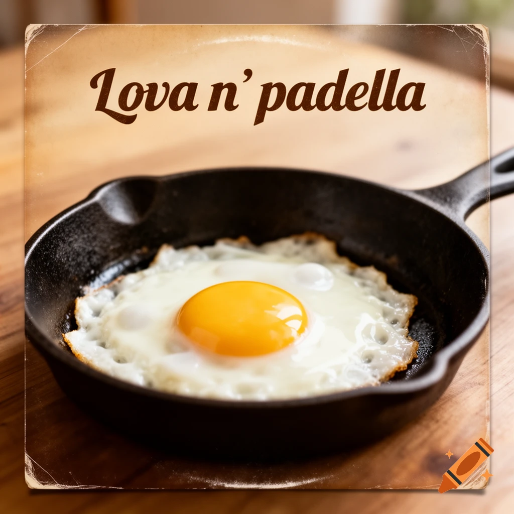 A fried egg in a black cast iron pan, viewed from above, with a vintage record sleeve overlay featuring the text "Lova n' padella".