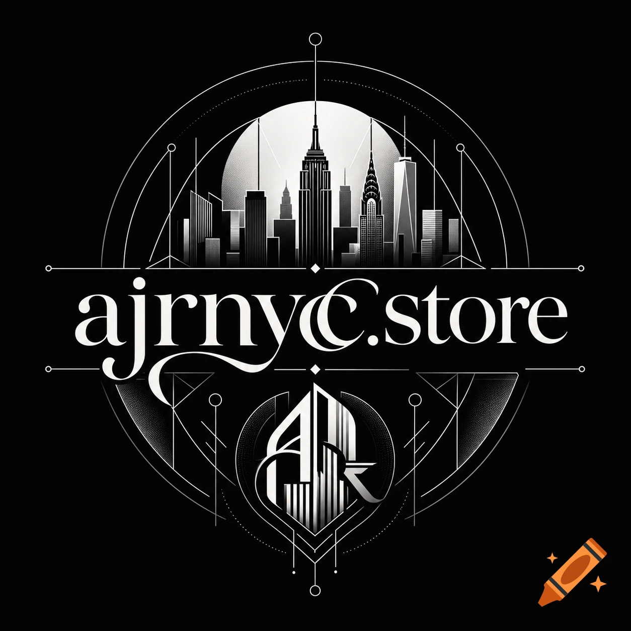 A black and white art deco style logo featuring the New York City skyline above the text "ajrnyc.store" and a stylized "AJR" below.
