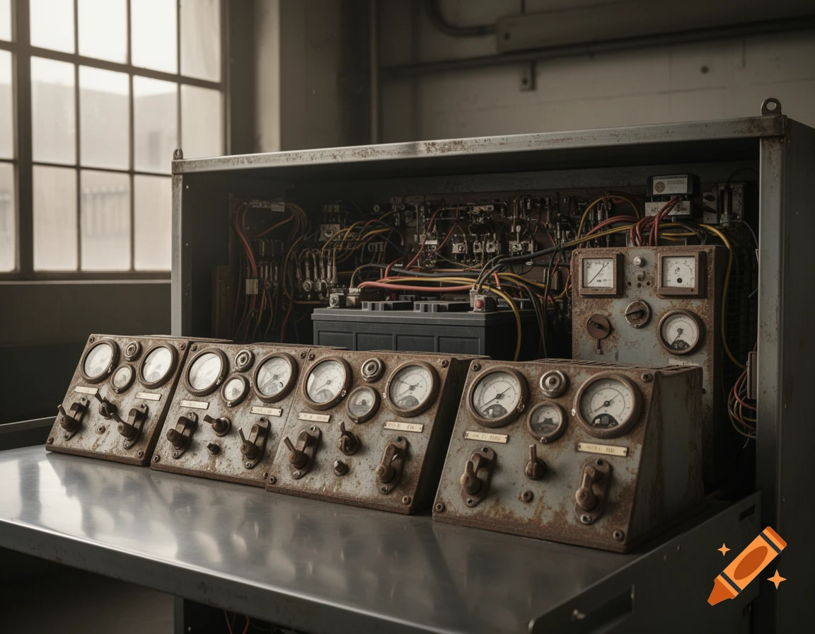 Close-up of a vintage electrical control panel featuring multiple rusty gauges, switches, and a battery, with a window in the background.