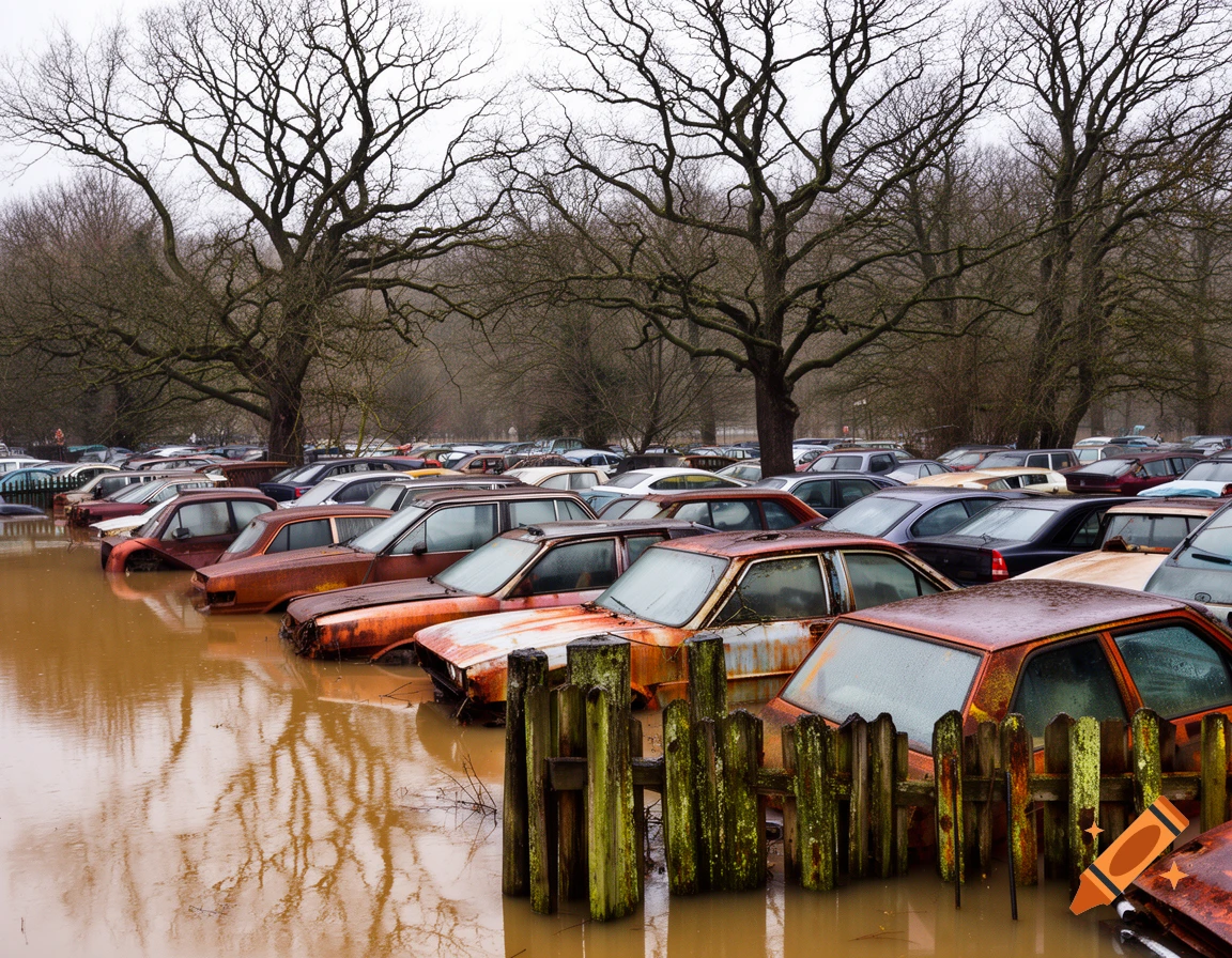 A vast junkyard with numerous rusting cars partially submerged in muddy brown floodwater under a bare tree canopy.