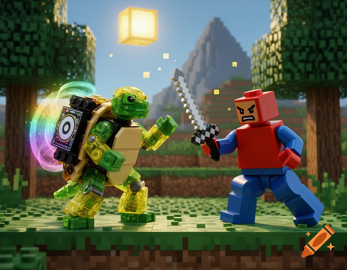 Lego turtle with a DJ deck and rainbow aura battles an angry Lego man with a pixelated sword in a Minecraft world.