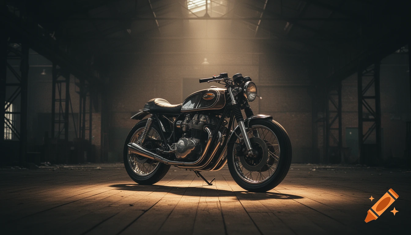A vintage motorcycle is dramatically spotlit in a dusty industrial warehouse, casting long shadows on the wooden floor.