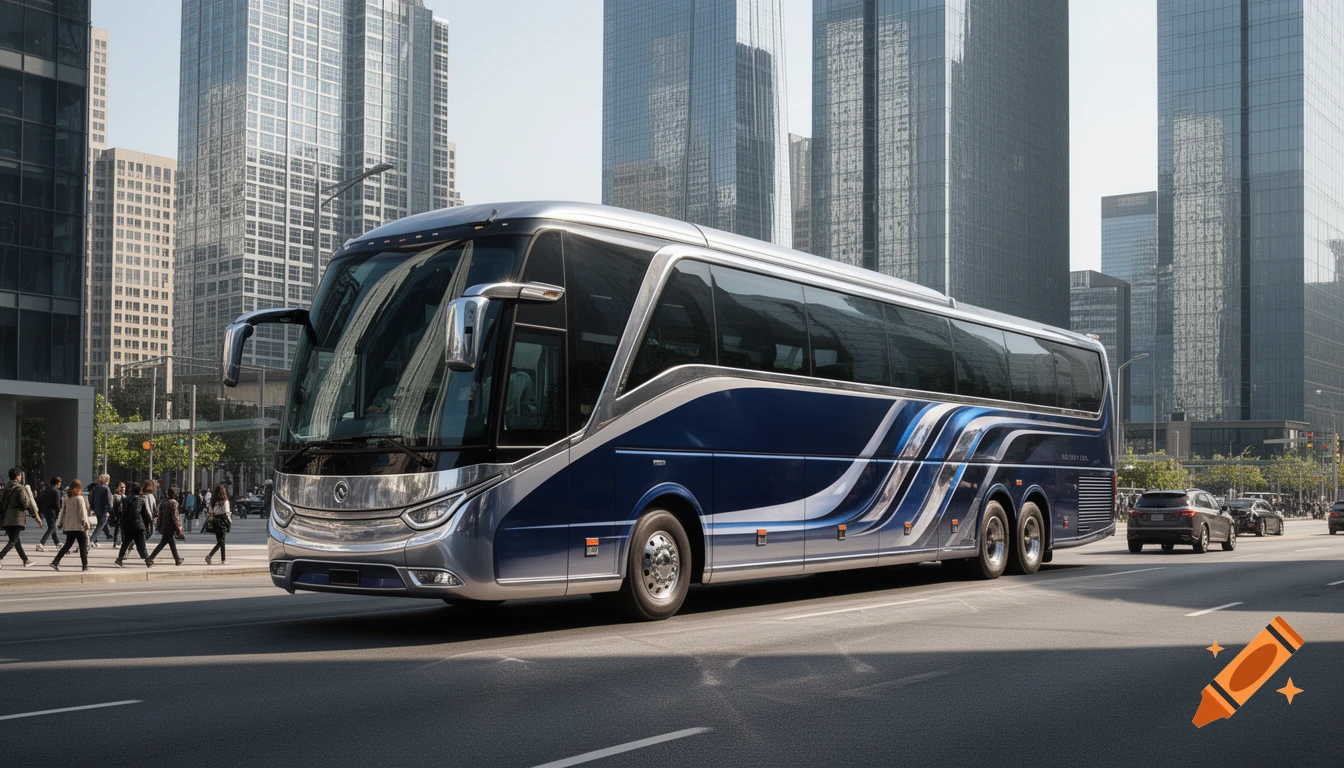 A sleek blue and silver coach bus drives down a city street lined with modern skyscrapers, with pedestrians on the sidewalk.