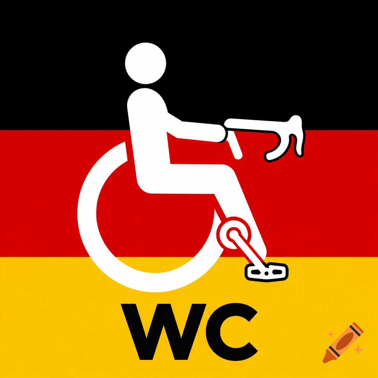 A white disabled access symbol with bicycle elements on a German flag background, with 'WC' text.
