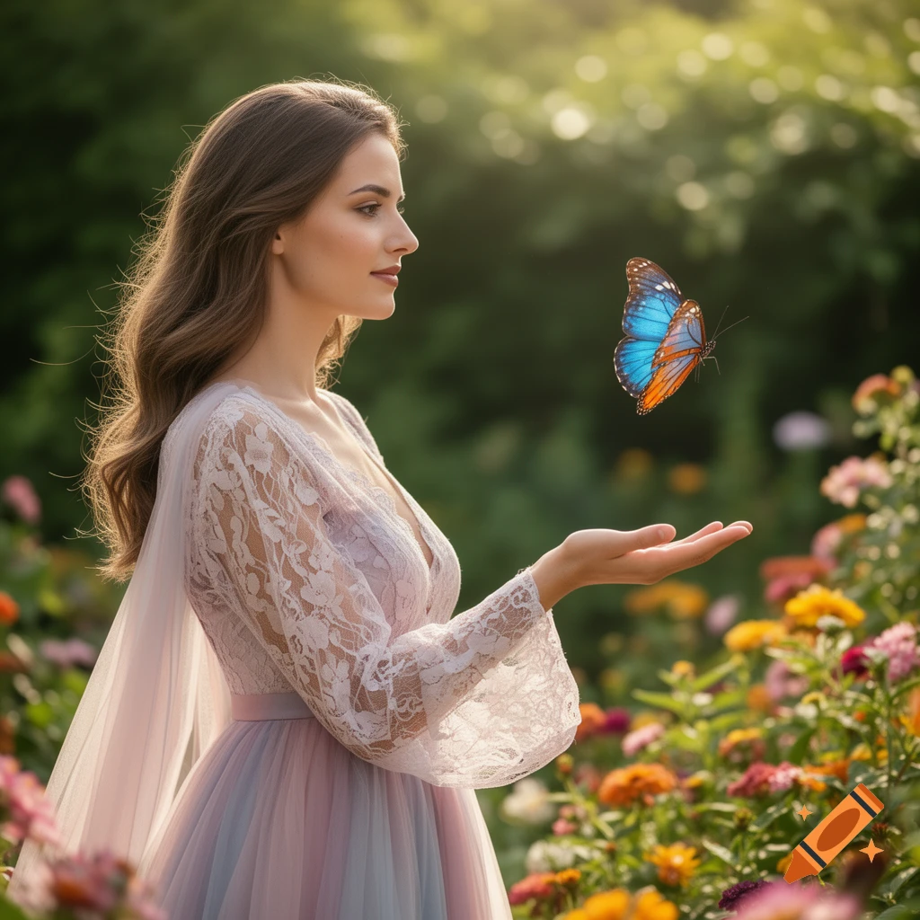 A young woman in a flowing dress gazes at a blue and orange butterfly hovering over her open hand in a sunlit garden.