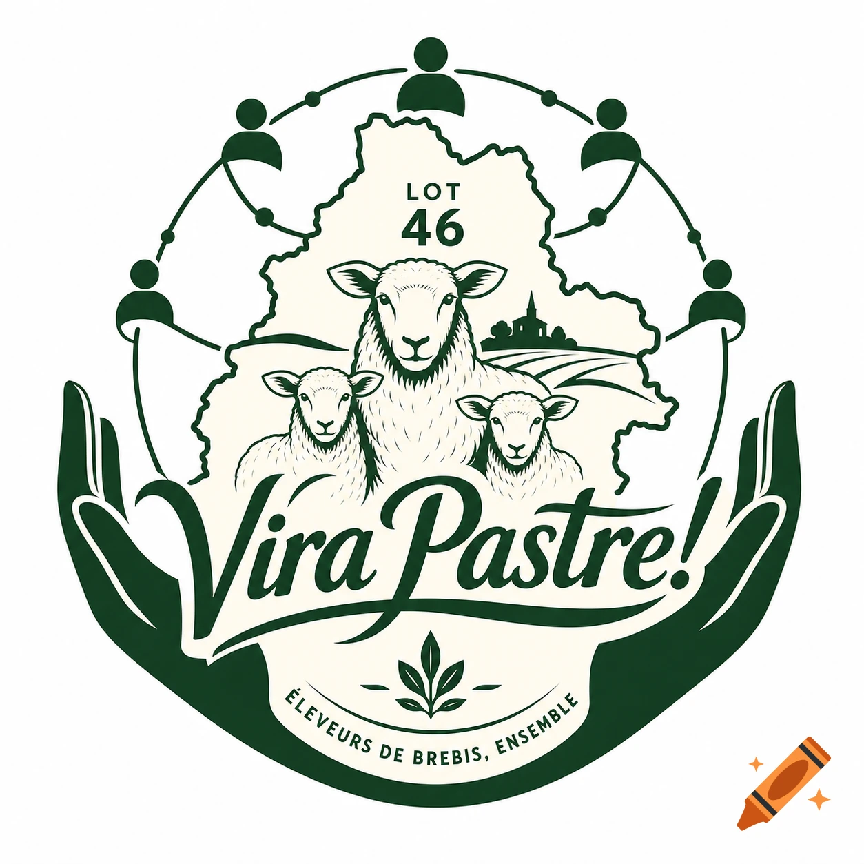 Green and cream logo 'Vira Pastre!', with sheep, 'LOT 46' text, Lot map, hands, and networking people icons.