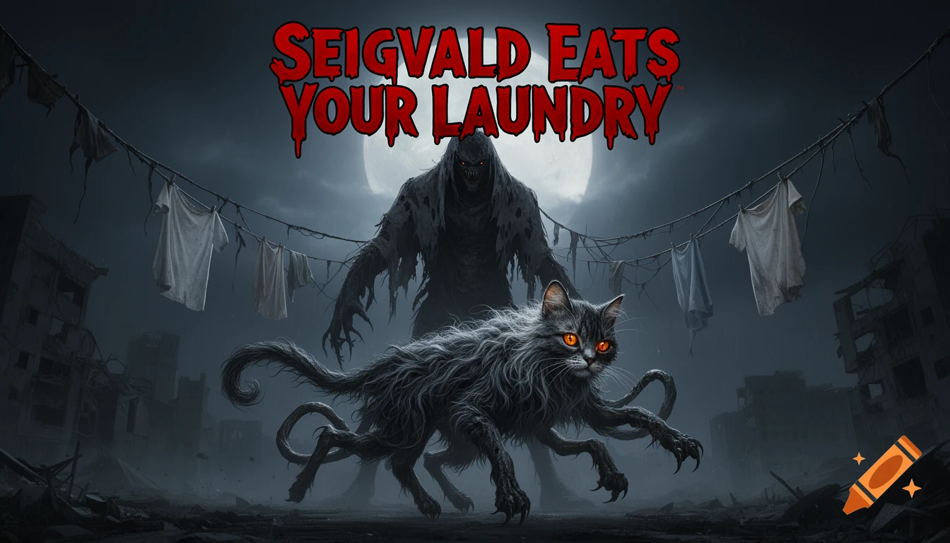 A large hooded monster and a six-legged cat-like creature with glowing eyes in a ruined city under a full moon, with laundry hanging. Text: SEIGVALD EATS YOUR LAUNDRY.