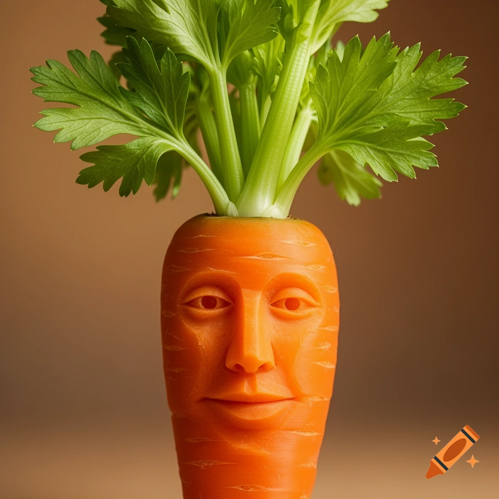 A photorealistic close-up of a carrot carved into a human face, with green celery stalks and leaves as hair.