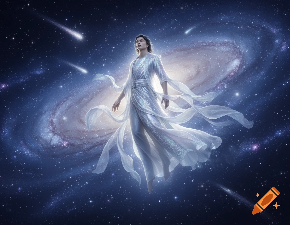 A young male figure in flowing white robes floats against a backdrop of a spiral galaxy and shooting stars.