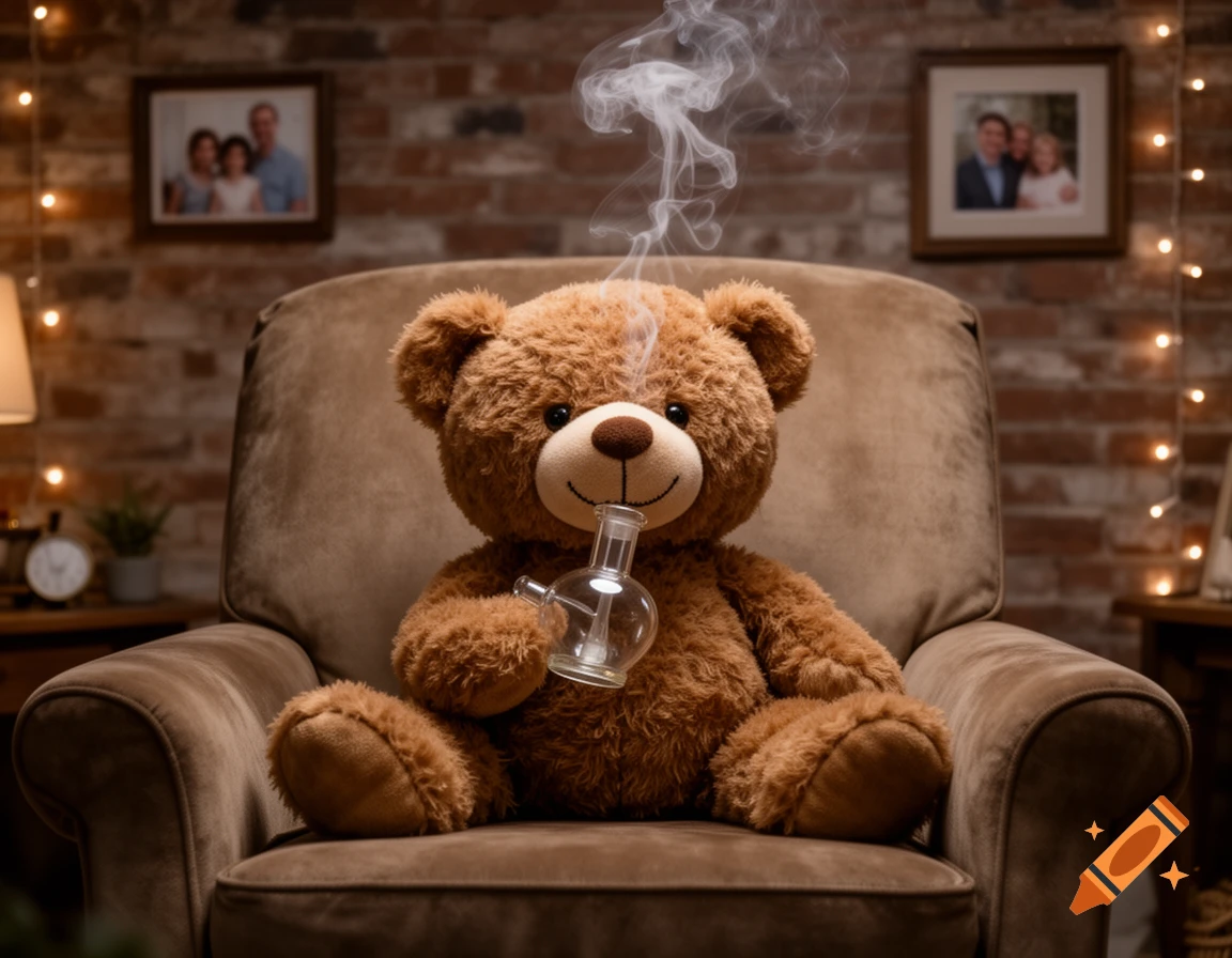 A photorealistic image of a teddy bear sitting in an armchair, smoking from a bong, with smoke rising above its head.