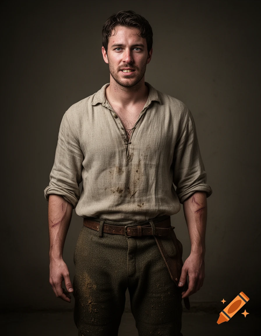 A photorealistic portrait of a man with dirt on his clothes and scars on his forearms, looking directly at the viewer.