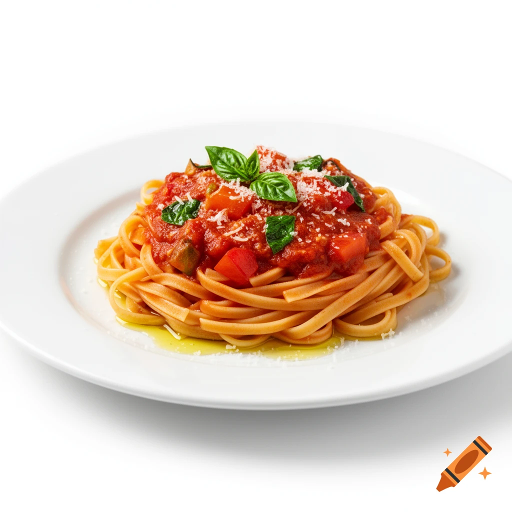 Photorealistic image of pasta with red tomato sauce, fresh basil, and grated cheese on a white plate.