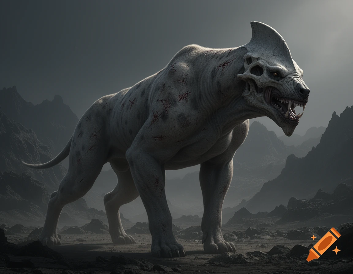 A massive, muscular, hairless sci-fi creature with a skull-like head and hunting scars stands on a desolate, rocky alien landscape.
