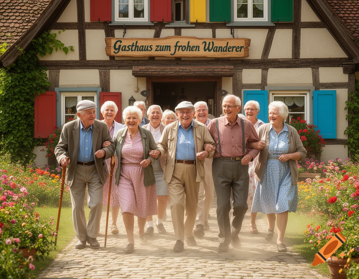 A group of smiling elderly people walk arm-in-arm down a path towards a traditional German inn with a "Gasthaus zum frohen Wanderer" sign, surrounded by vibrant flowers. Photorealistic.