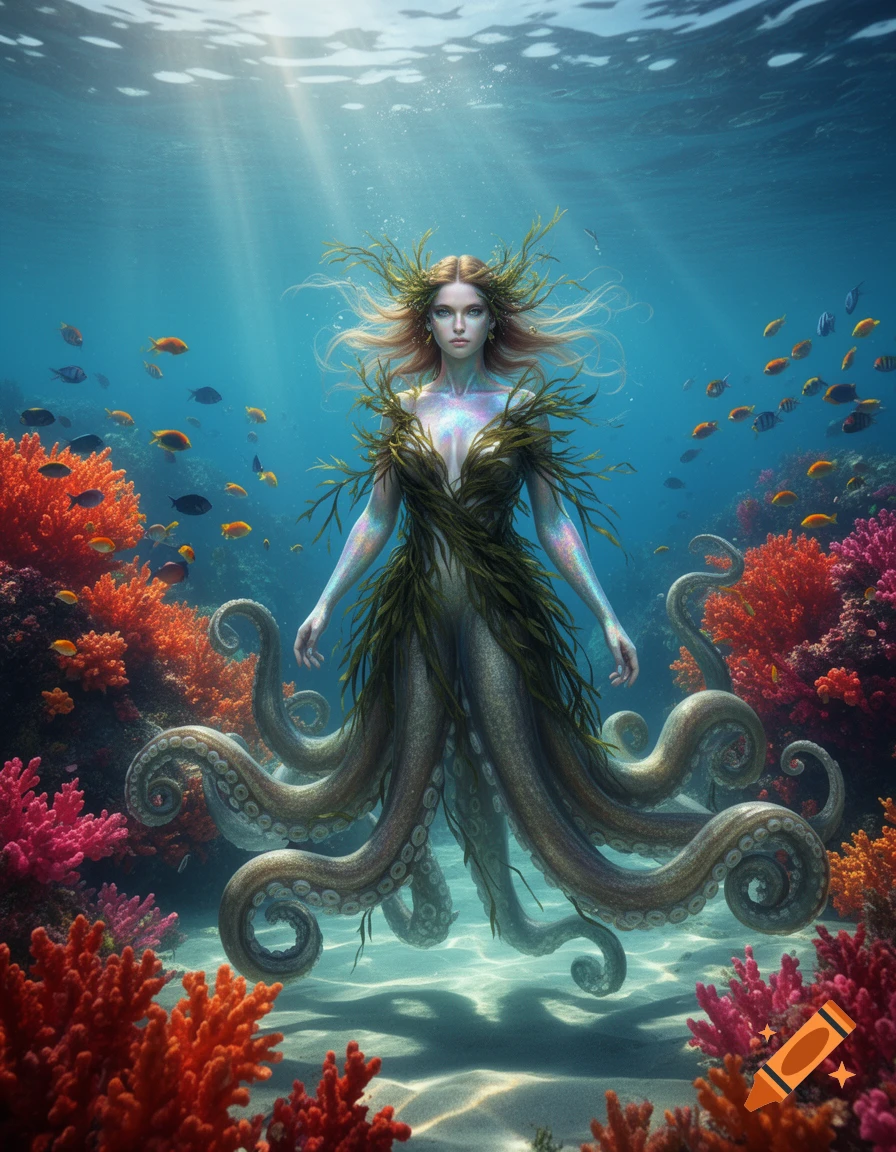 A beautiful cecaelia, half-woman half-octopus, floats underwater amidst vibrant coral and tropical fish, with light rays piercing the surface.