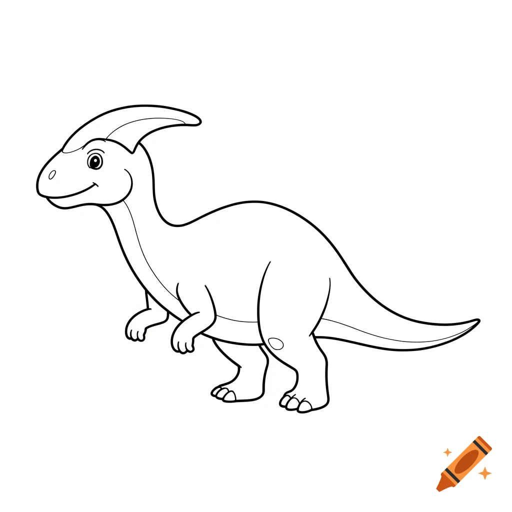 A black and white line drawing of a friendly corythosaurus dinosaur in a child-friendly cartoon style, ready for coloring.