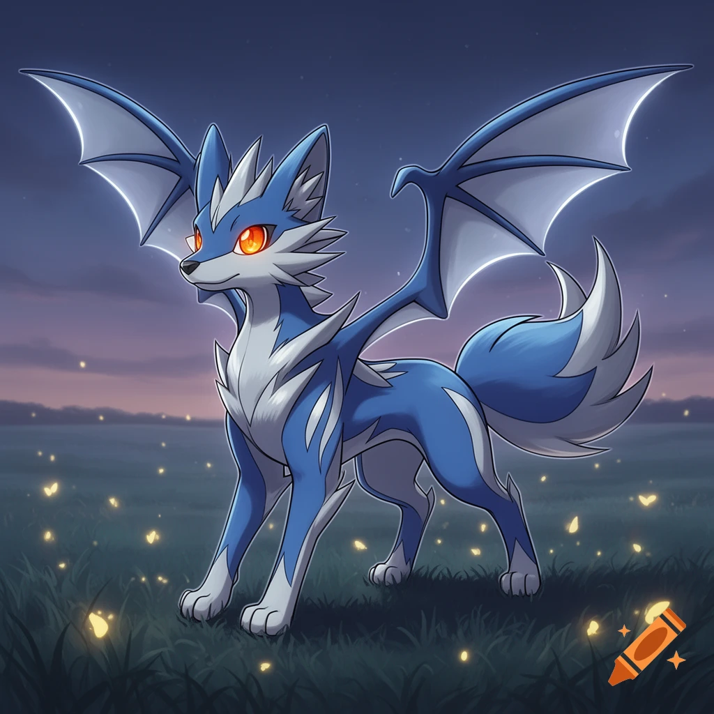An anime-style blue and white winged fox-like creature with orange eyes stands in a field with fireflies at dusk.