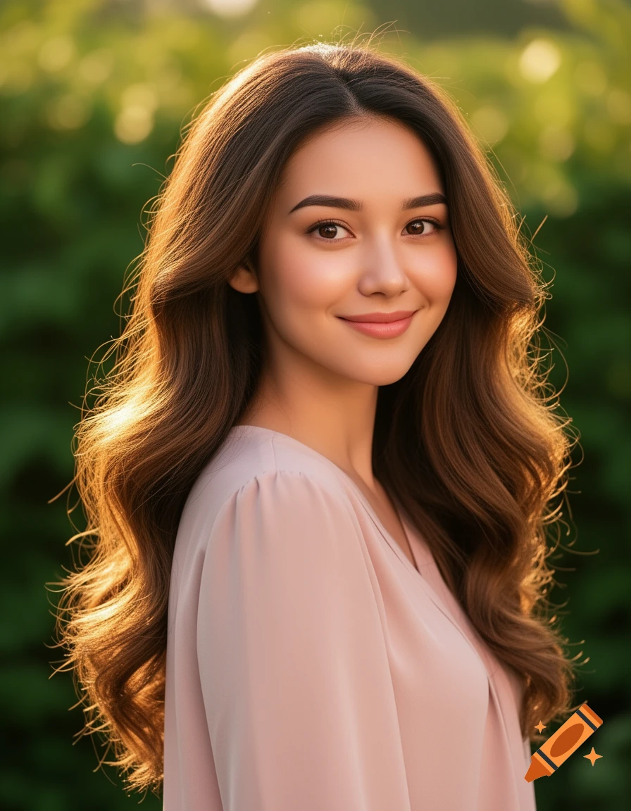 A close-up photorealistic portrait of a smiling woman with long brown hair backlit by golden light, wearing a pink top.