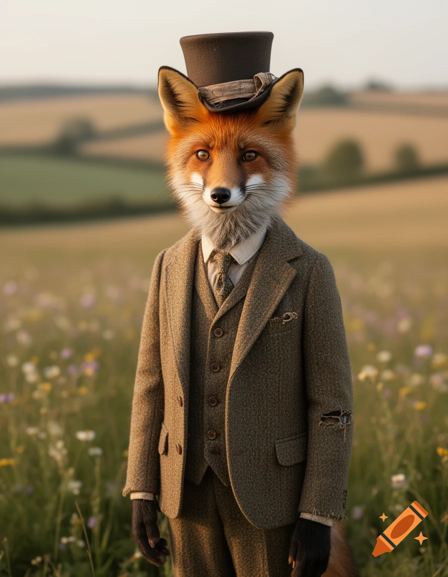 Photorealistic image of an anthropomorphic fox in a worn tweed suit and top hat, standing in a field of wildflowers.