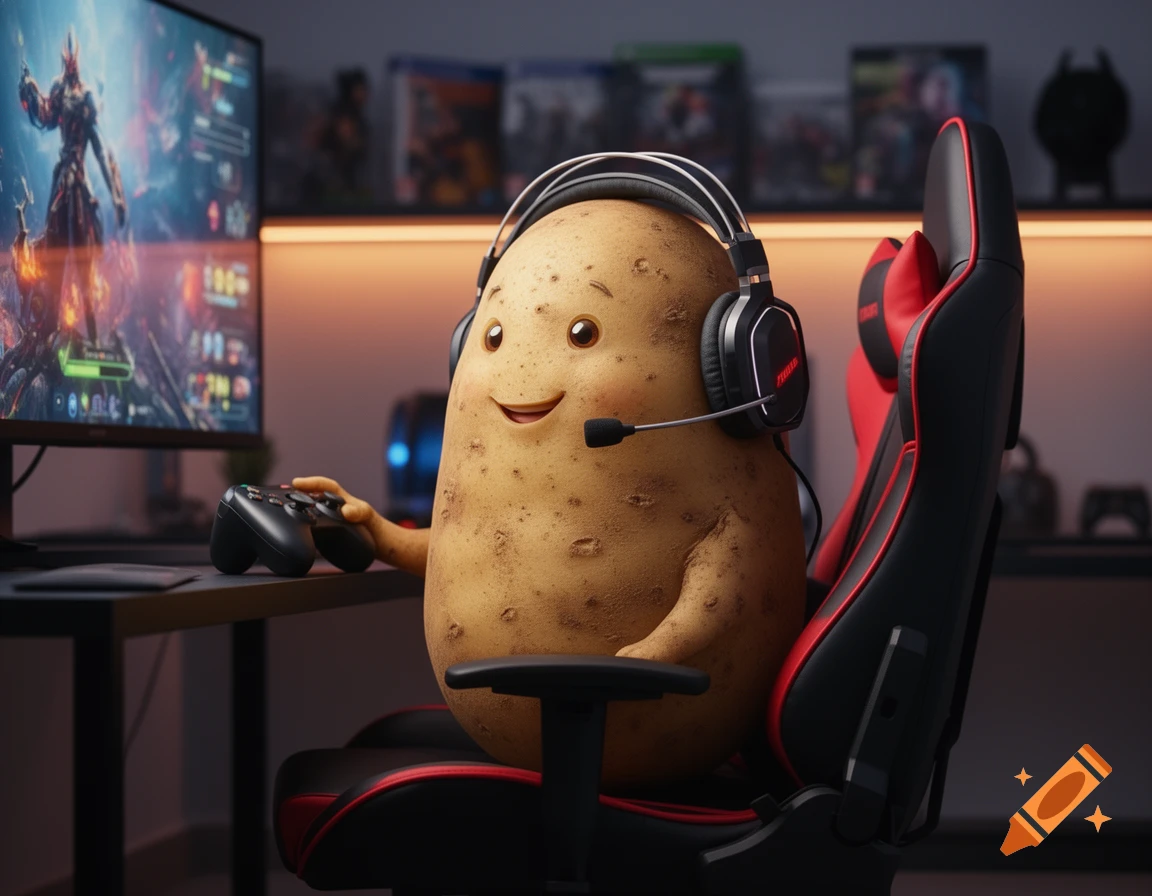 A cute, smiling potato with small arms and legs sits in a red and black gaming chair, wearing a headset with a microphone and holding a controller, playing a video game on a monitor. Photorealistic style.