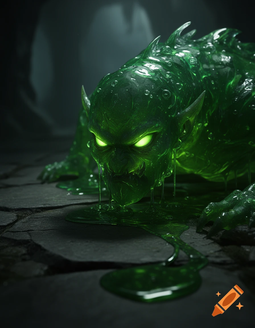 A menacing green slime demon with glowing eyes crouches on a dark stone floor, dripping goo.