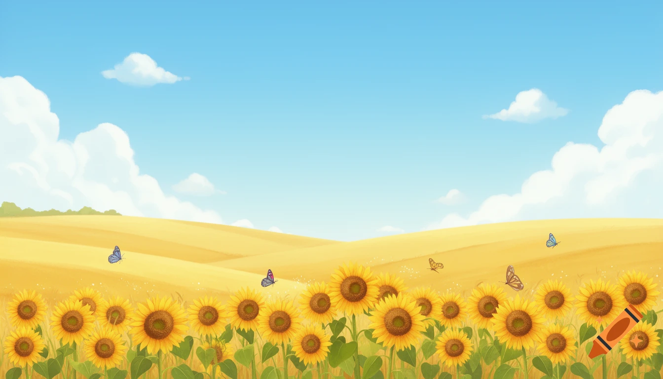 A simple drawing of a sunflower field stretching towards a horizon under a clear blue sky with fluffy clouds and butterflies.