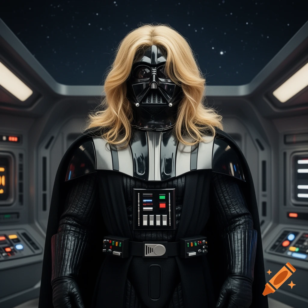 A blonde-haired Darth Vader stands in a detailed spaceship cockpit, looking forward.