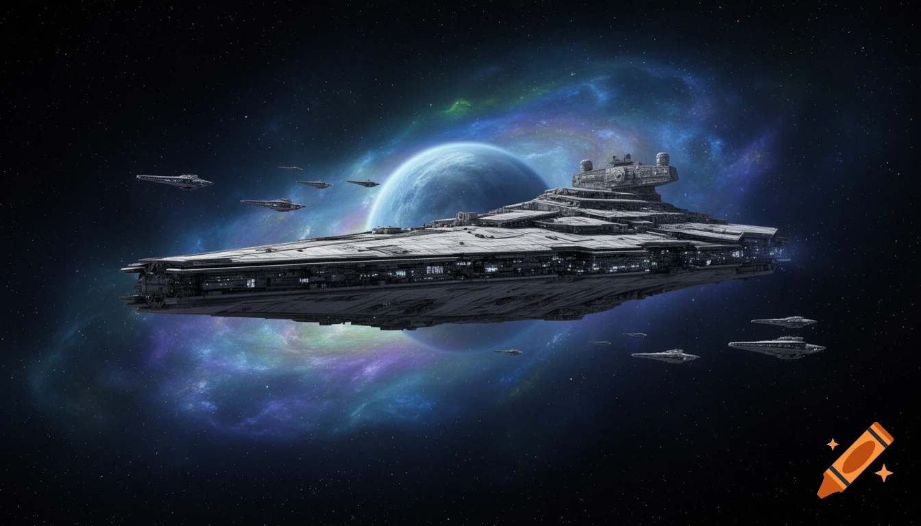 A large, triangular Star Wars-like battleship leads smaller ships through space with a blue and purple planet and nebula in the background.