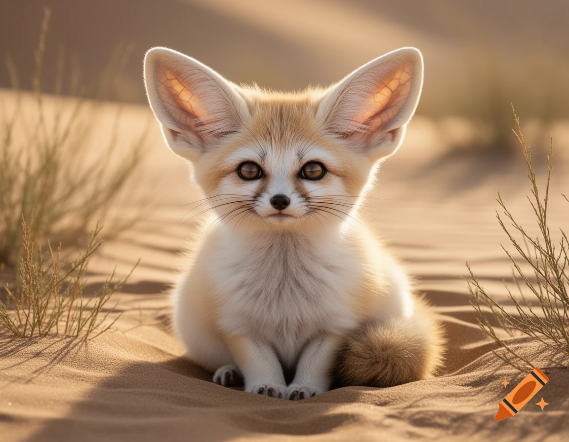 A cute, fluffy fennec fox with large ears sits in sandy desert. Photorealistic.