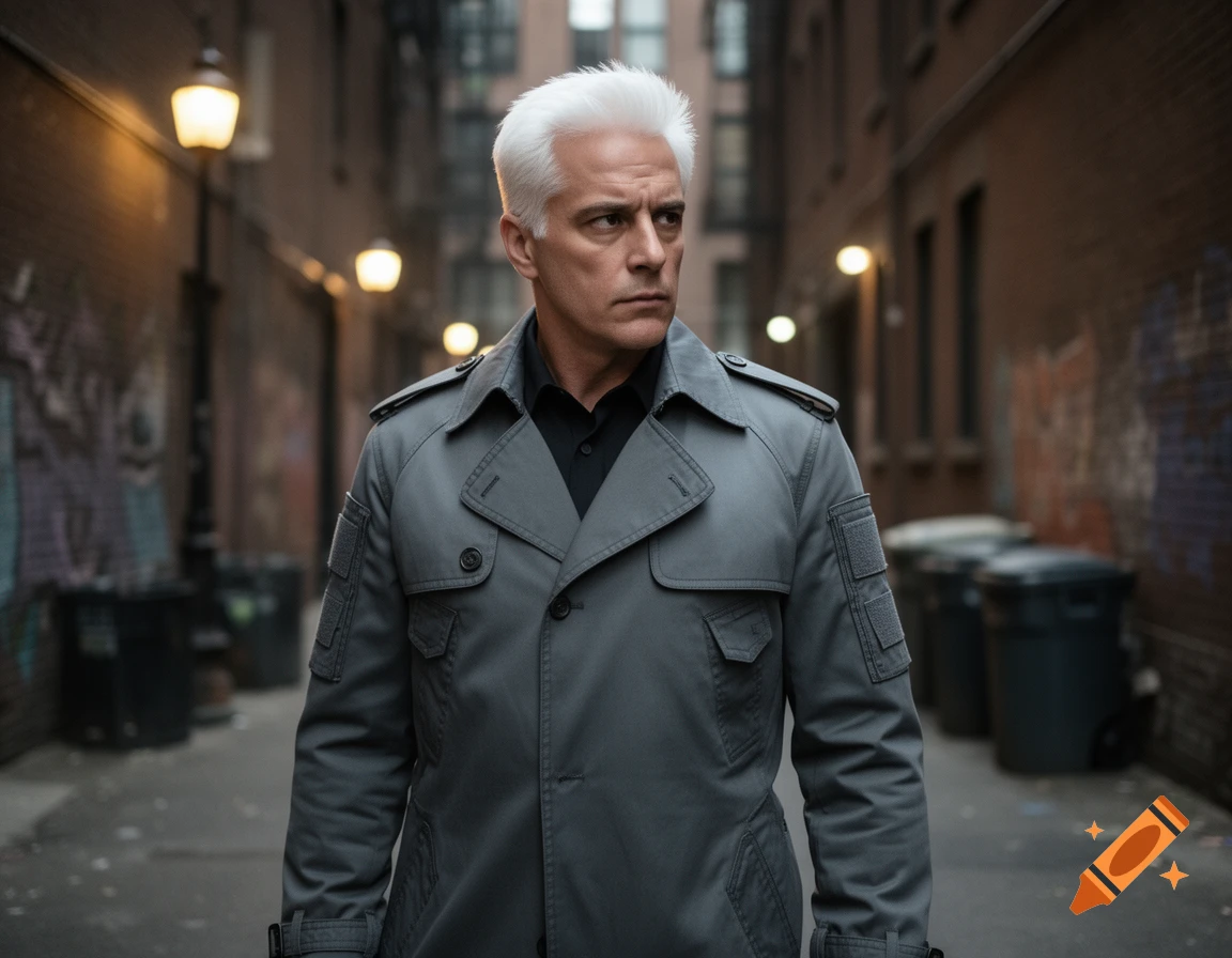 A photorealistic image of a white-haired man in a grey tactical trench coat standing in a dimly lit urban alleyway.