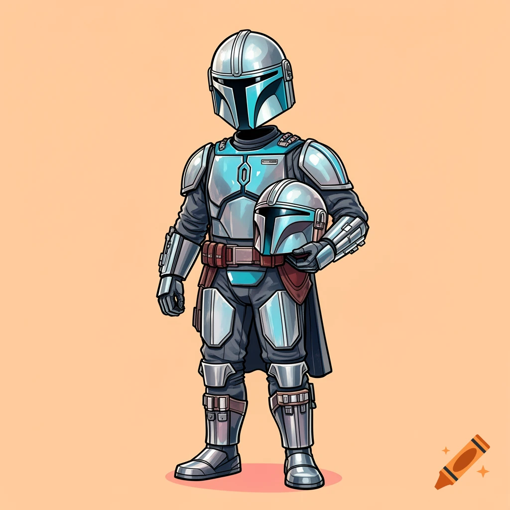 Comic-style illustration of a headless Mandalorian in blue and silver futuristic armor, holding a helmet like a football on an orange background.