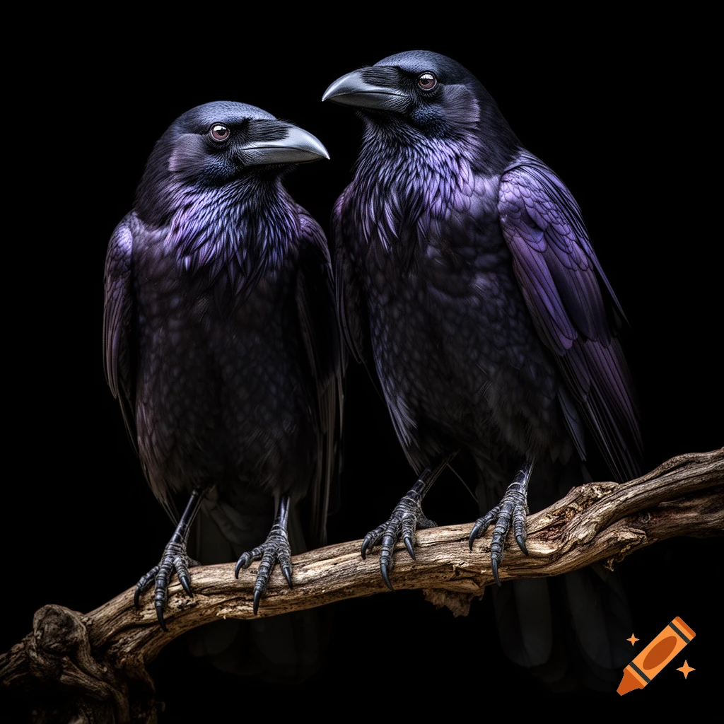 Two black ravens with purple iridescent feathers perch side-by-side on a textured brown branch against a dark background, looking alert.
