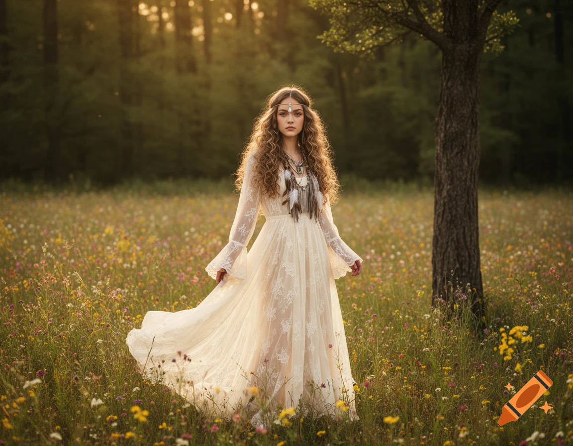Young woman with long curly hair in a white lace boho dress and feather jewelry, standing in a sunlit wildflower meadow next to a tree.