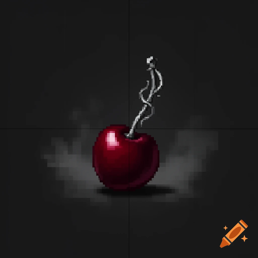 A 32x32 pixel art rendering of a gothic red cherry with a twisted stem on a dark background.