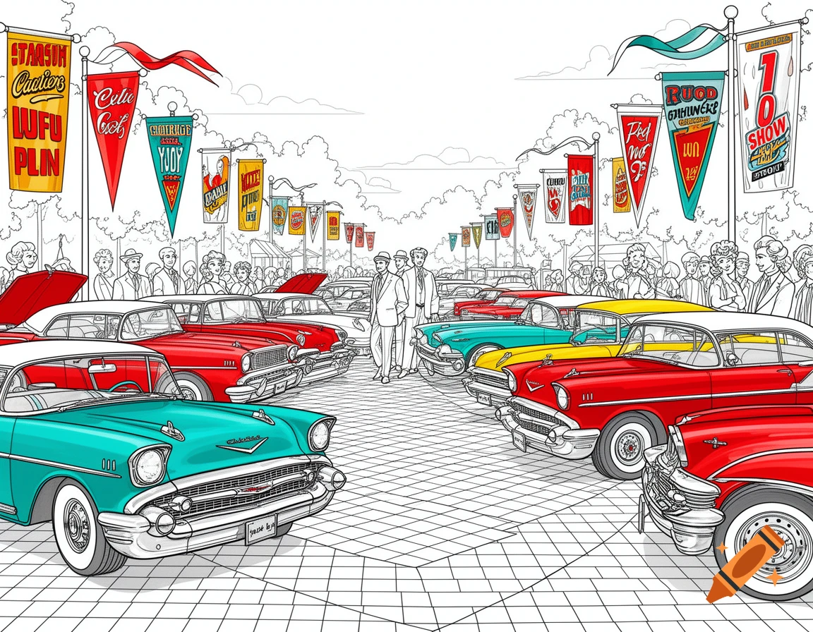 A line art coloring page of a retro classic car show with many vintage cars and people gathered around under banners.
