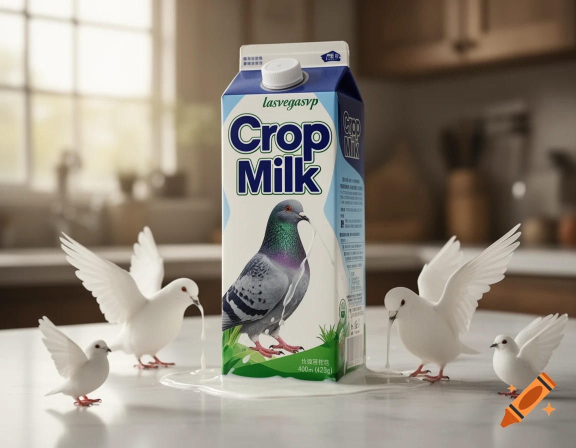 A milk carton labeled 'Crop Milk' and 'lasvegasvp' stands on a counter, surrounded by white pigeons with milk dripping from their beaks.